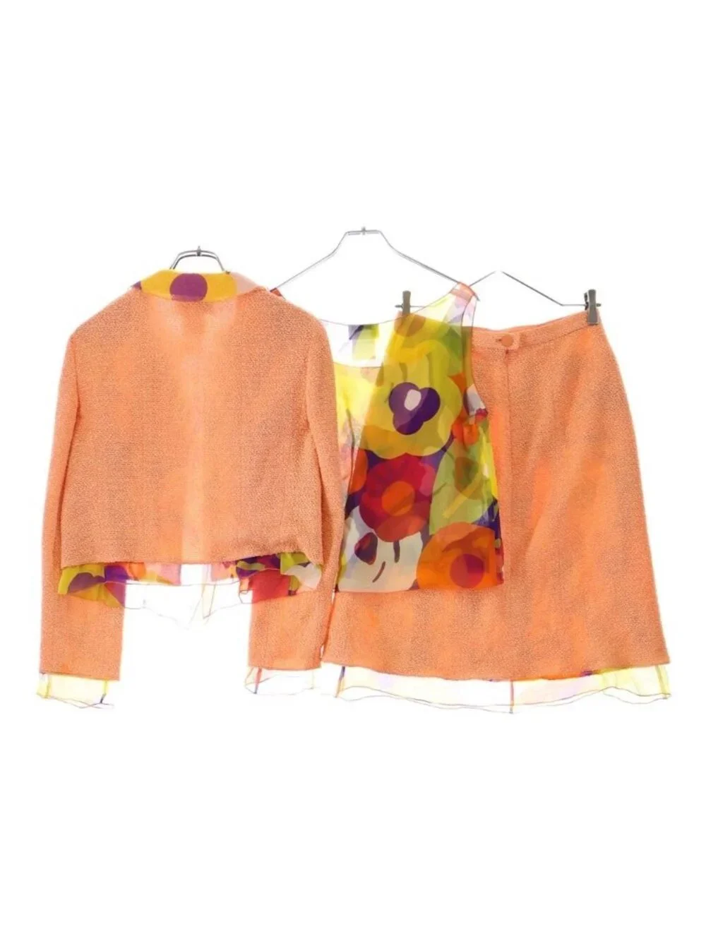 Chanel Set-Up Wool Blend Lining Scarf Short Jacket Medium Skirt Pink